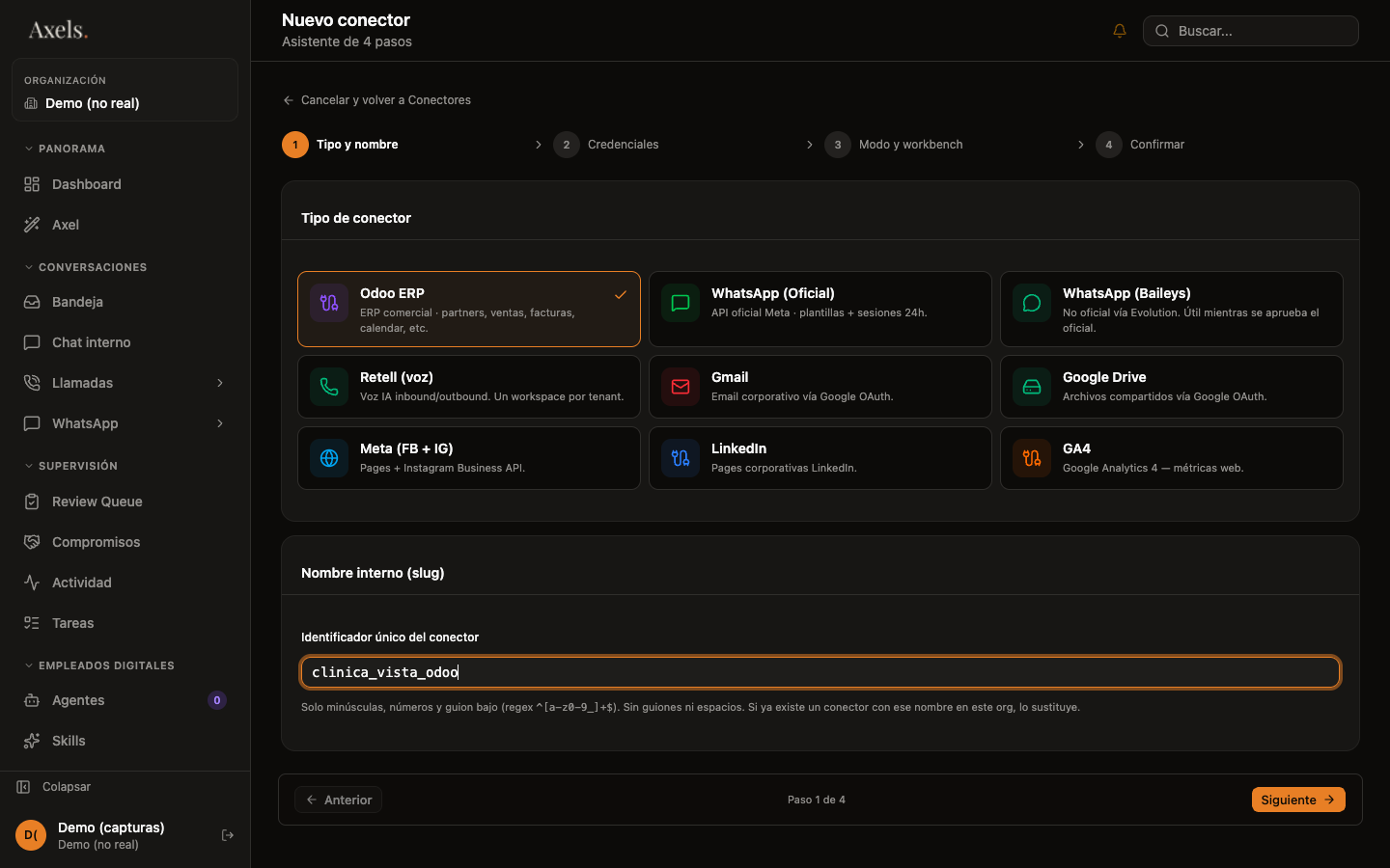 Wizard paso 1 — Odoo ERP seleccionado y nombre asignado