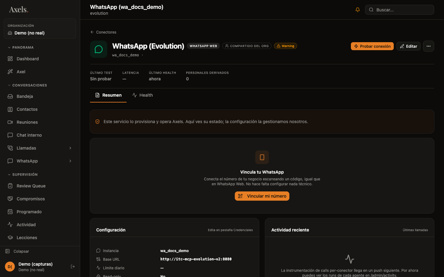 Tarjeta de vinculación de WhatsApp, con el botón "Vincular mi número"