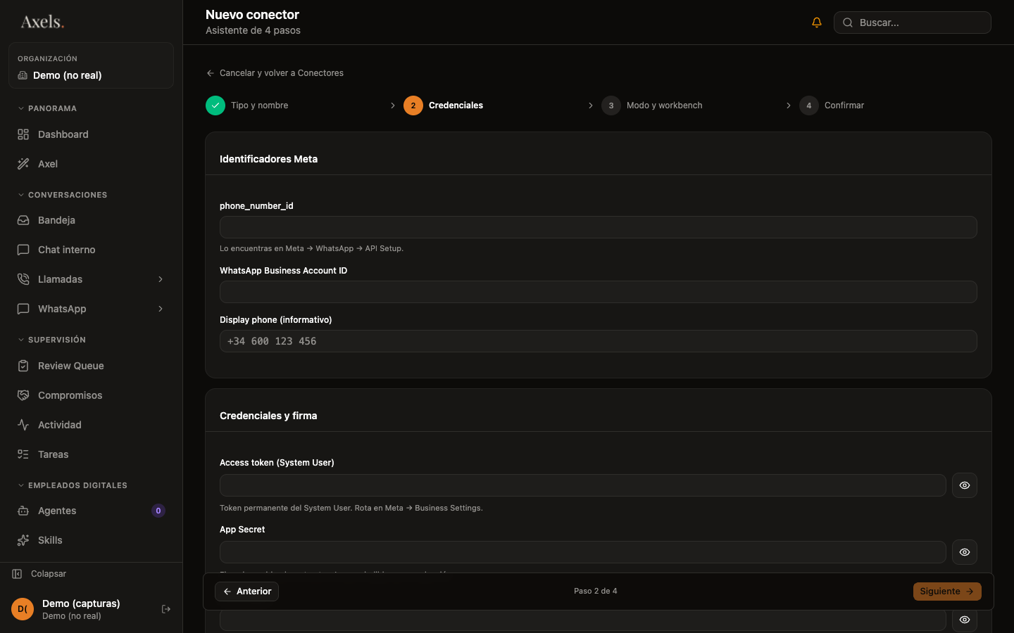 Wizard paso 2 — 4 campos: phone_number_id, business_account_id, access_token, app_secret