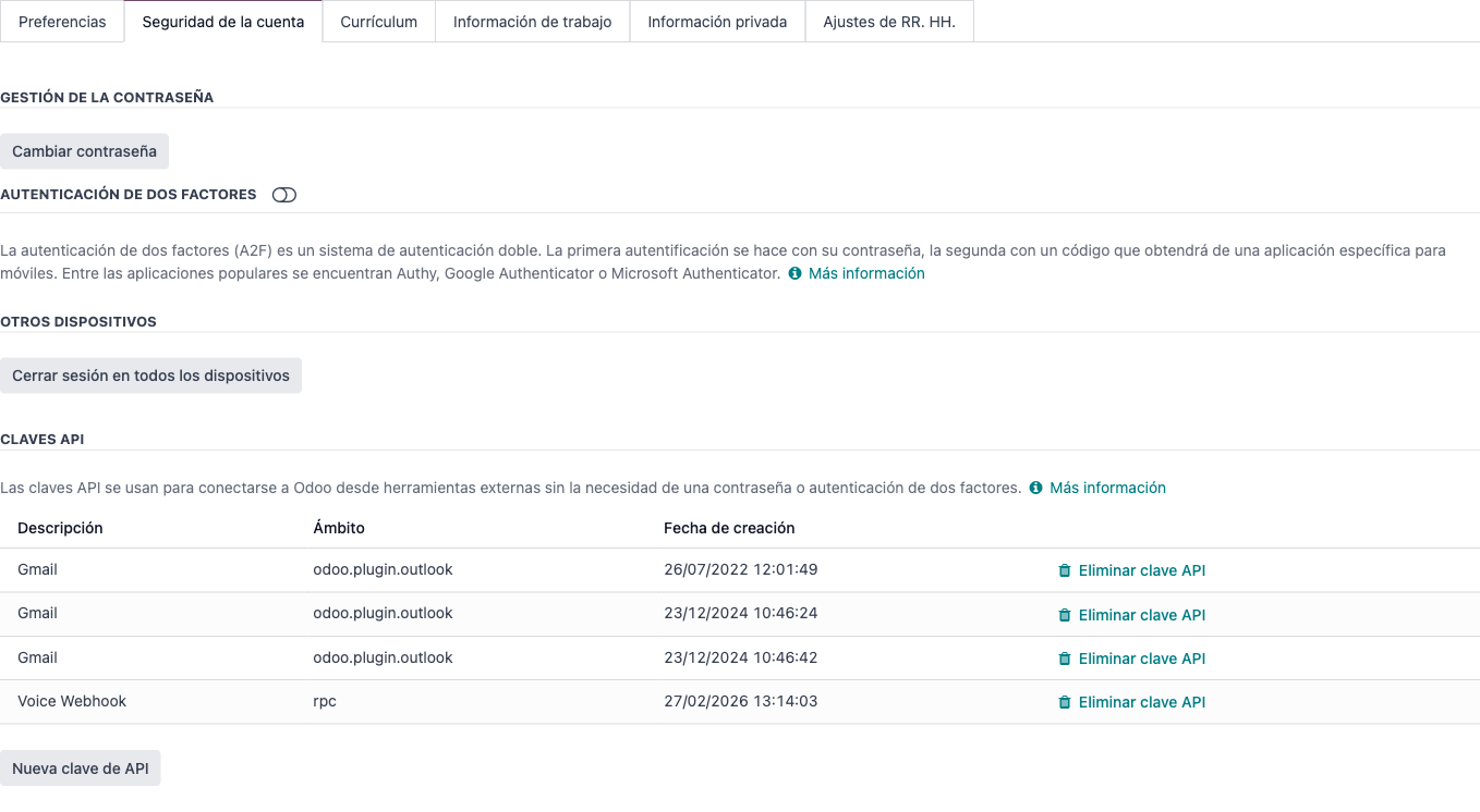 Pestaña «Seguridad de la cuenta» con la sección «Claves API» y el botón «Nueva clave de API»