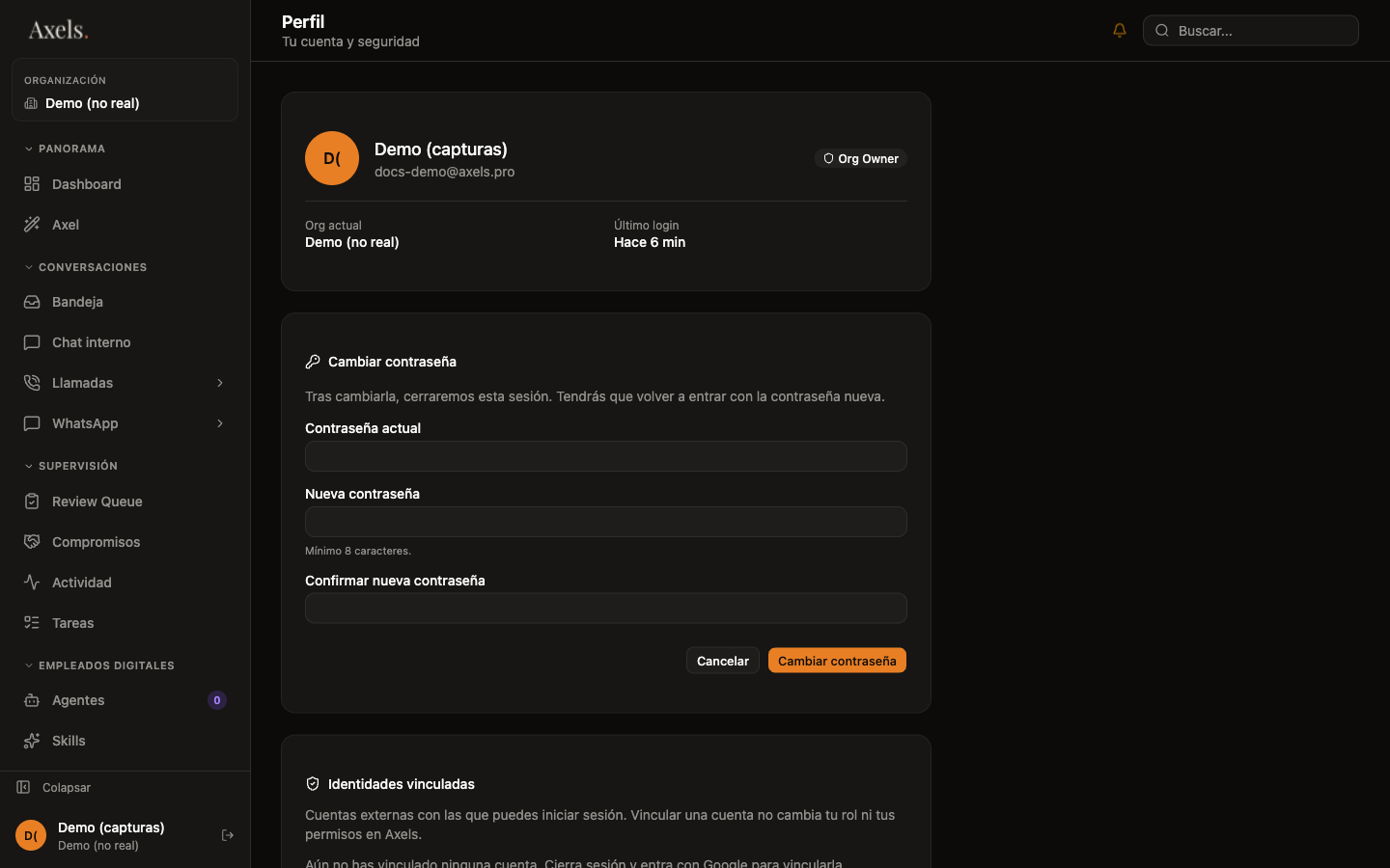 Pantalla de perfil de usuario en Axels