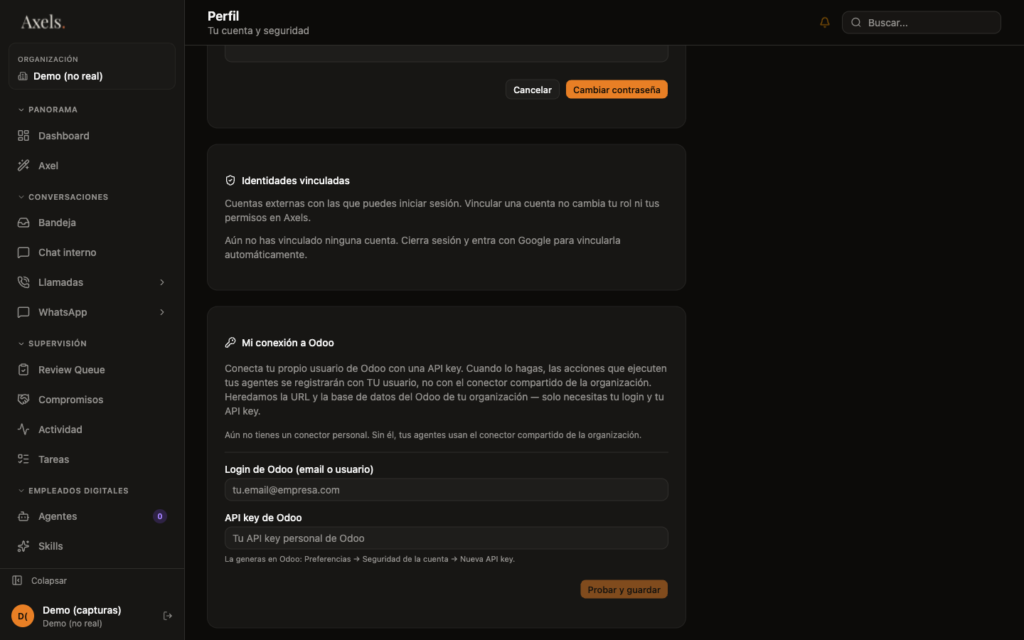 Tarjeta "Mi conexión a Odoo" vacía