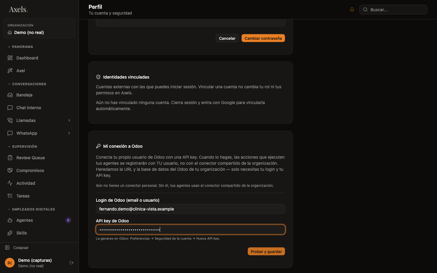 Formulario relleno con login y API key