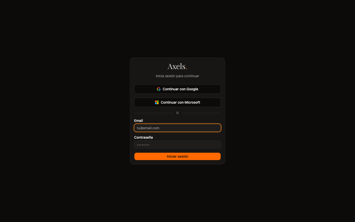 Pantalla de login de Axels