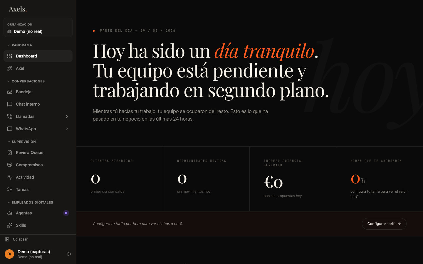 Panel principal — primer login, todo por configurar